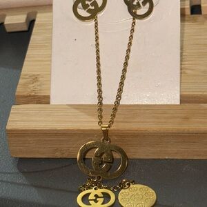 Stainless Steel Gold Pendant Necklace and Earring Set WILL NOT TARNISH